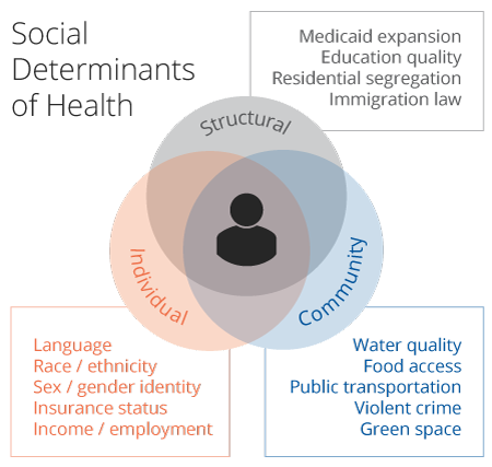 Image demonstrating Social Determinants of Health with a 3-part venn diagram highlighting structural, individual, and community factors