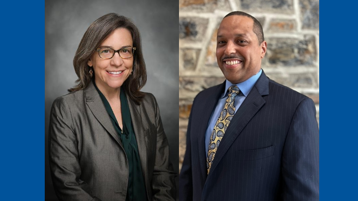 Headshot photos of Drs. Georgia Tomaras (Left) and Kevin Saunders (Right) over a solid blue background