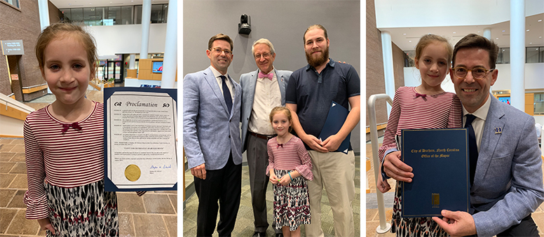 Photo of cleft patient Marilyn Taylor holding mayor proclamation, group photo of Mayor Schewel, Dr. Jeffrey Marcus, and Marilyn Taylor