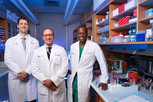 ​New faculty recruits, Drs. Nicholas Andersen, Michael Lidsky, and Kevin Southerland. Also joining faculty is Dr. George Kasotakis, not pictured. Huth Photo. 