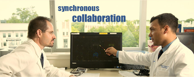 Two doctors pointing at a monitor with text overlay that says "synchronous collaboration"