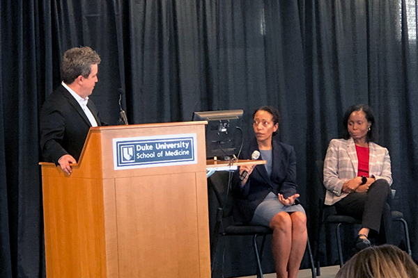 Dr. Lisa McElroy (center) participates in a question and answer session during the 2023 Dean's Distinguished Research Series