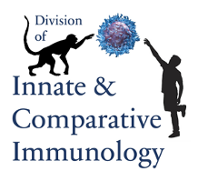 Logo for the Division of Innate & Comparative Immunology featuring silhouettes of a monkey and a child both reaching towards a stylized virus or cell, with the division's name written below.