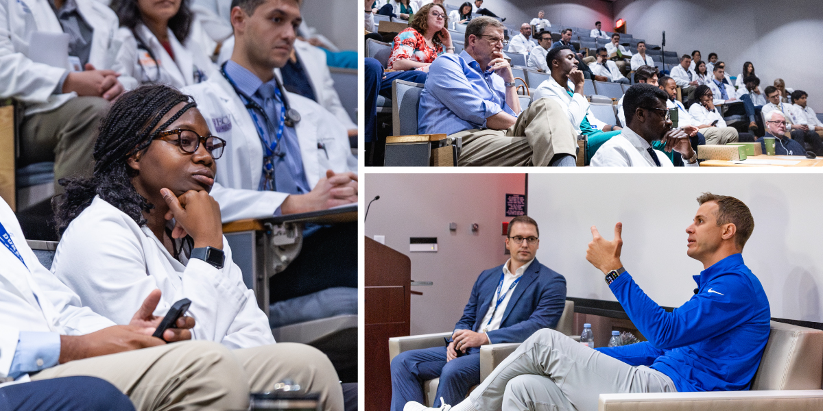 Photo collage of Duke Men's Basketball coach Jon Scheyer speaking to a lecture hall of residents