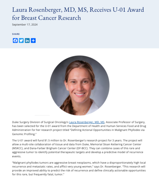 Laura Rosenberger, MD, MS, Receives U-01 Award for Breast Cancer Research
