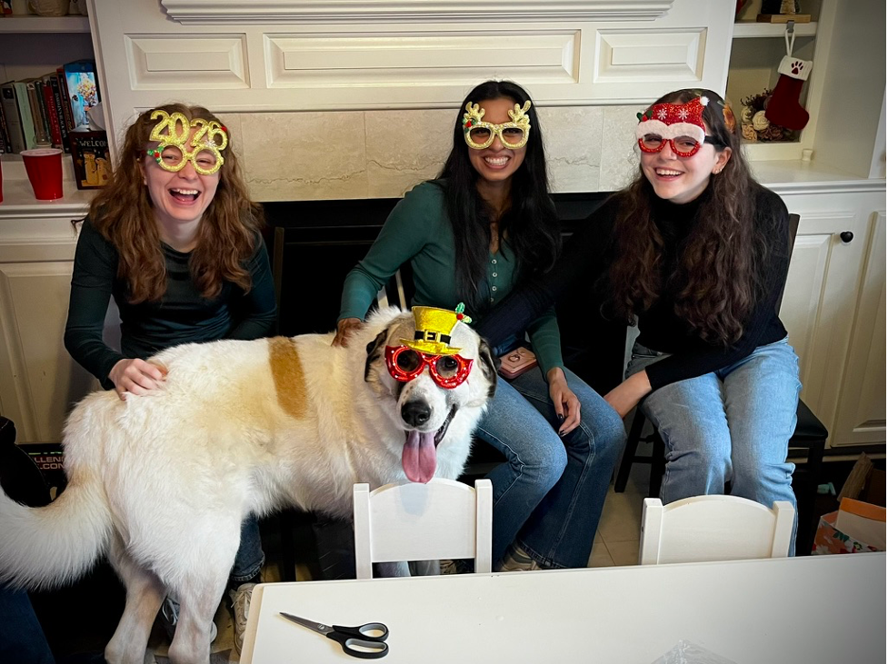 Three women sit on a couch smiling and petting a white dog. All three women and the dog are wearing fun holiday-themed glasses