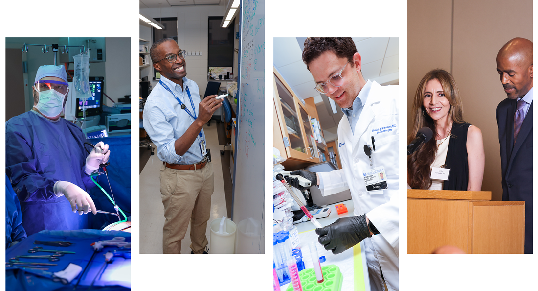 Collage of various members of the Department of Surgery performing procedures, conducting research, and giving a speech. 