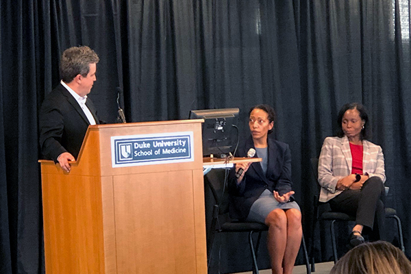 Drs. Lisa McElroy and Kimberly Johnson participate in a question and answer session after presenting for the Dean's Distinguished Research Series