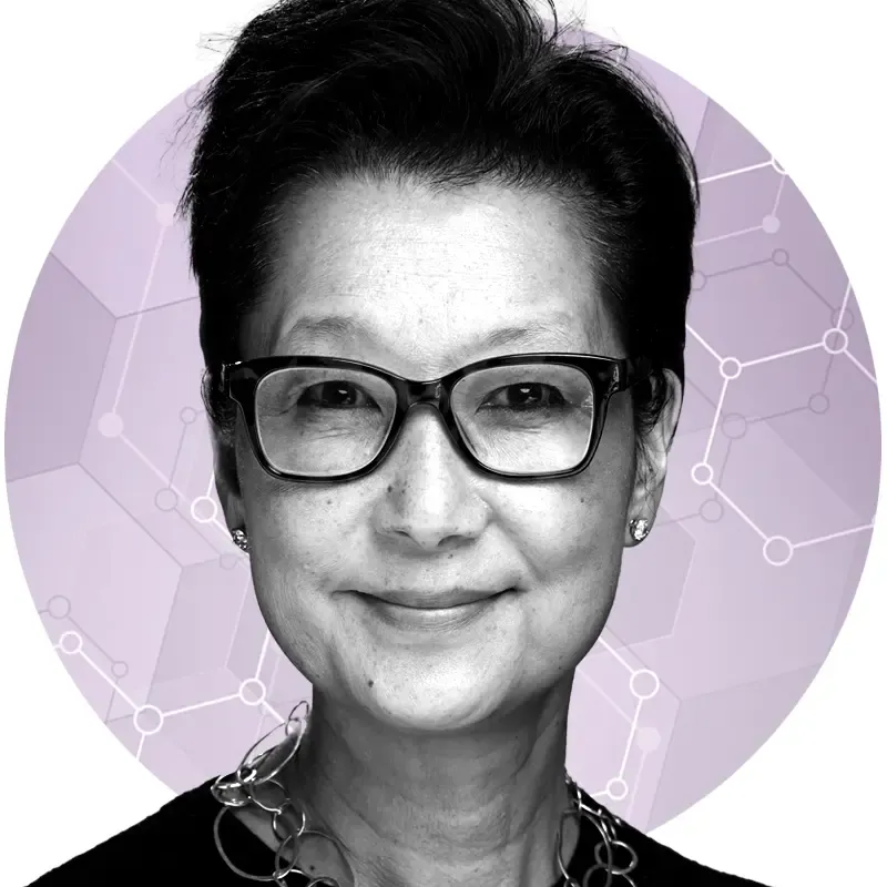 Black and white photo of Dr. Shelley Hwang over a pink illustration background