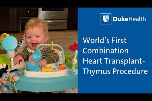 A smiling baby next to text displaying "World's first combination heart transplant-thymus procedure"