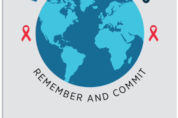 Graphic illustration of a globe with the words: "World AIDS Day 35, Remember and Commit"