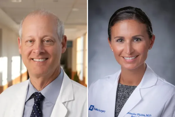 A split image shows a photo of Dr. Andrew Berchuck on the left and Dr. Jennifer Plichta on the right
