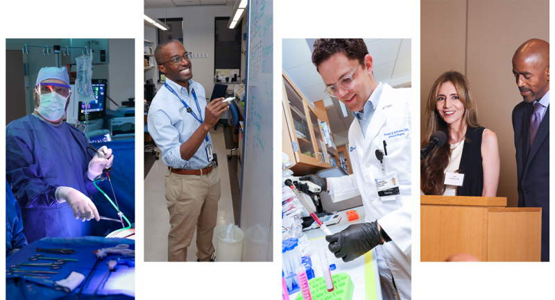 Collage of various members of the Department of Surgery performing procedures, conducting research, and giving a speech. 