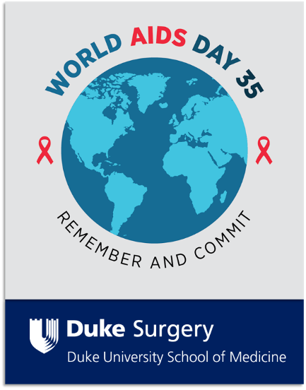 Graphic illustration of a globe with the words: "World AIDS Day 35, Remember and Commit"