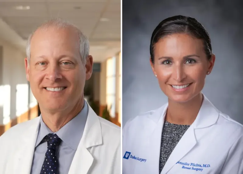 A split image shows a photo of Dr. Andrew Berchuck on the left and Dr. Jennifer Plichta on the right