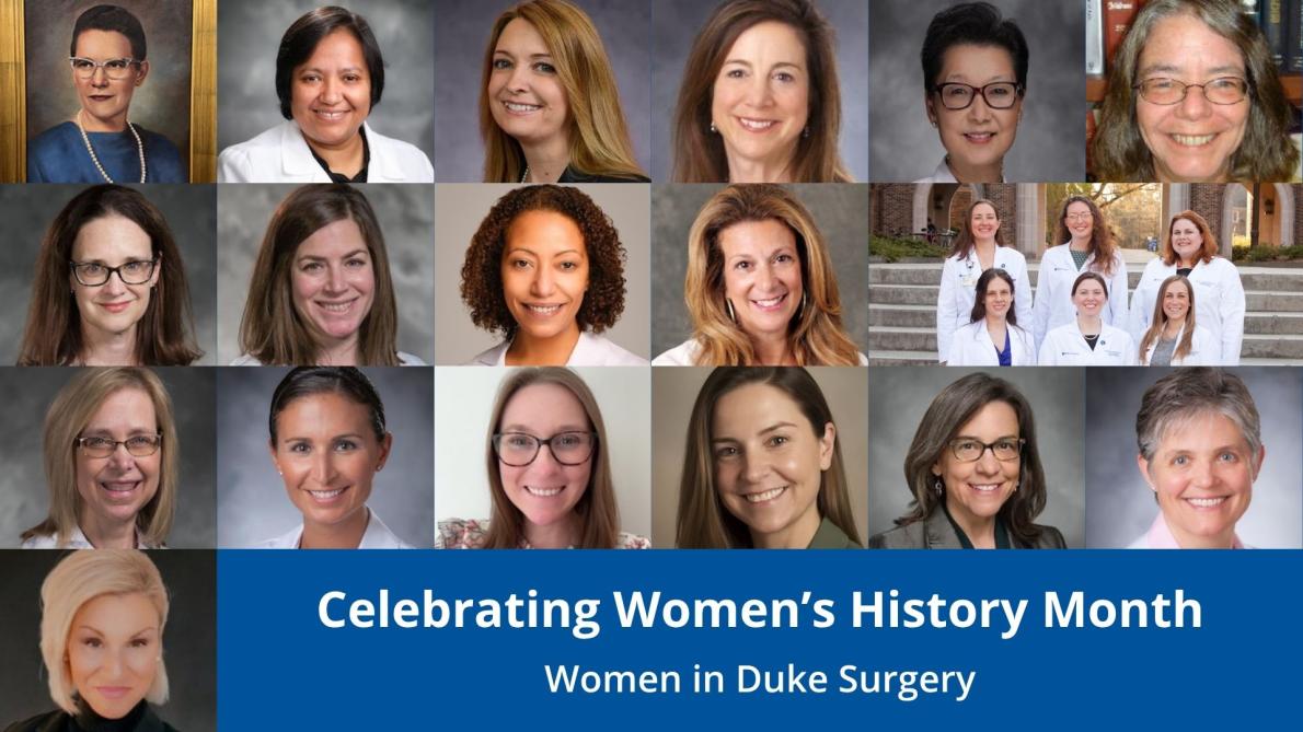 A collage of photos of women in the Duke Department of Surgery, with text reading "Celebrating women's history month: Women in Duke Surgery"