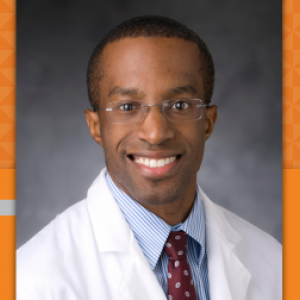 Portrait of Kevin Southerland in front of an orange background with white text that reads "Surgeon-Scientist Spotlight"