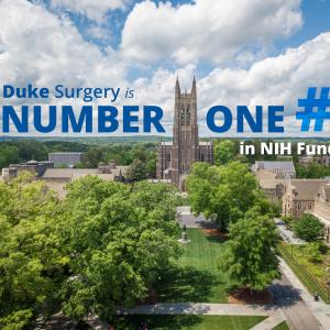 Image of Duke Chapel with text reading "Duke Surgery: Number 1 in NIH Funding"