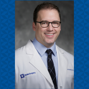 Photo of Dr. Ryan Antiel in white coat over a blue geometric background