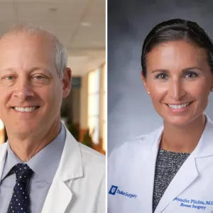A split image shows a photo of Dr. Andrew Berchuck on the left and Dr. Jennifer Plichta on the right