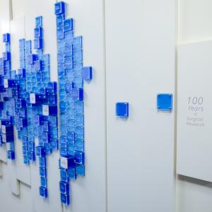 Hundreds of tiles in varying blue shades against a white display background with a title that reads "100 years of surgical research"
